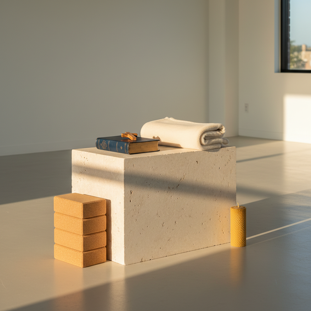 A smooth stone altar-like platform made of pale limestone sits in the center of a minimalist studio, supporting a carefully arranged still life: a closed, gold-edged Bible, a small olive wood cross, and a folded ivory yoga blanket with visible soft fibers. Around the platform, neatly stacked cork yoga blocks and an unlit beeswax pillar candle create a sense of intentional ritual. Late afternoon golden light enters from the right, casting long, gentle shadows and highlighting textures in the stone and fabric. Photographed with a slightly elevated angle and balanced composition, the scene feels serene, contemplative, and sophisticated, blending elements of liturgy and mindful movement in clean photographic realism.